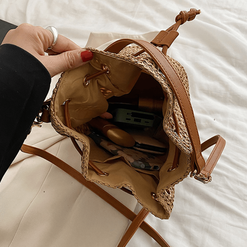 Drawstring Straw Woven Handheld Crossbody Bag, Exquisite Decorative Shoulder Bag, Fashion Summer Beach Bag