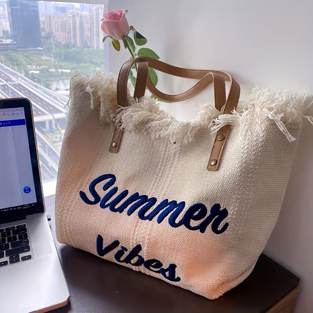 Letter Embroidery Tote Bag, Tassel Trim Canvas Handbag, Women's Beach Shoulder Bag