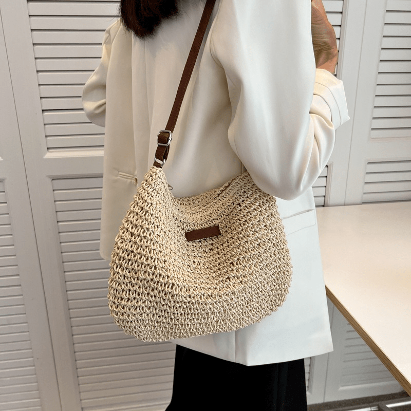 Straw Woven Zipper Hobo Crossbody Bag, Exquisite Decorative Shoulder Bag, Fashion Summer Beach Bag