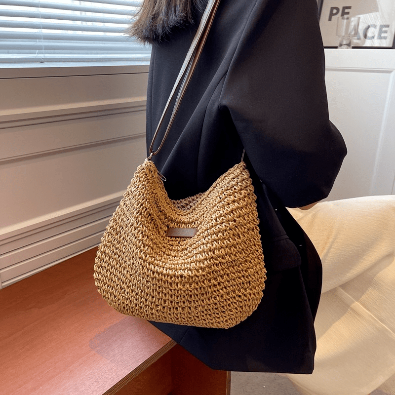 Straw Woven Zipper Hobo Crossbody Bag, Exquisite Decorative Shoulder Bag, Fashion Summer Beach Bag