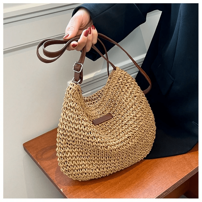Straw Woven Zipper Hobo Crossbody Bag, Exquisite Decorative Shoulder Bag, Fashion Summer Beach Bag