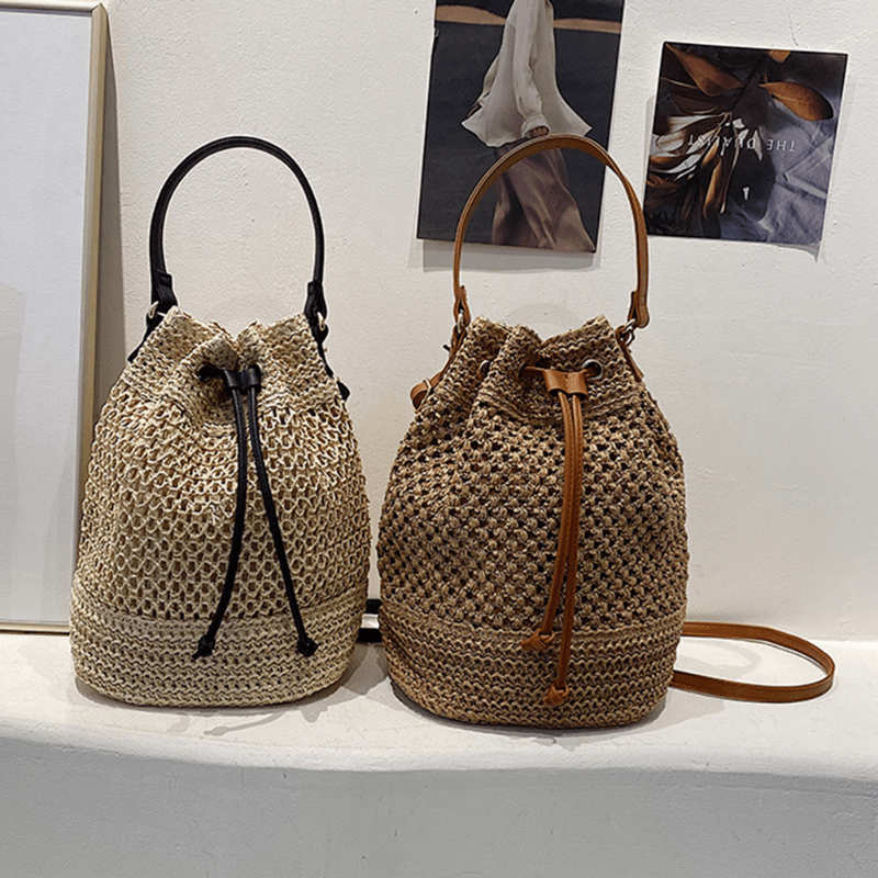 Drawstring Straw Woven Handheld Crossbody Bag, Exquisite Decorative Shoulder Bag, Fashion Summer Beach Bag