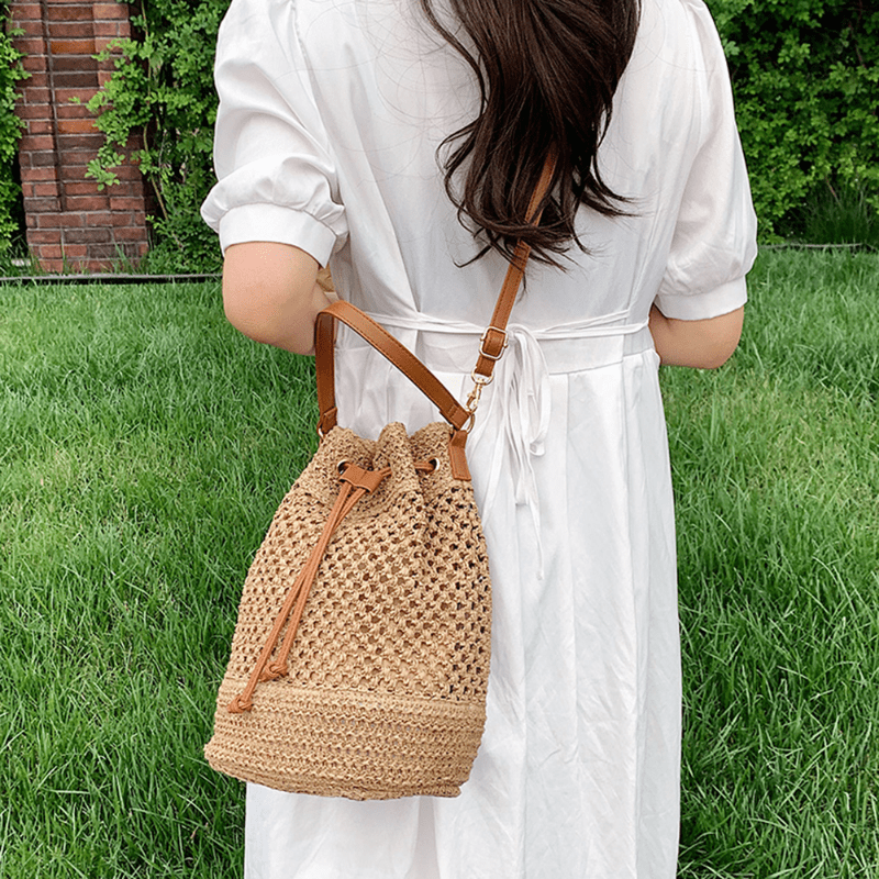 Drawstring Straw Woven Handheld Crossbody Bag, Exquisite Decorative Shoulder Bag, Fashion Summer Beach Bag