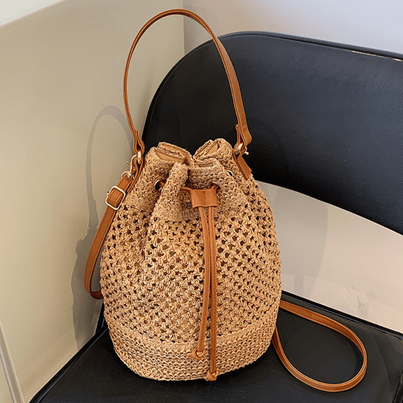 Drawstring Straw Woven Handheld Crossbody Bag, Exquisite Decorative Shoulder Bag, Fashion Summer Beach Bag