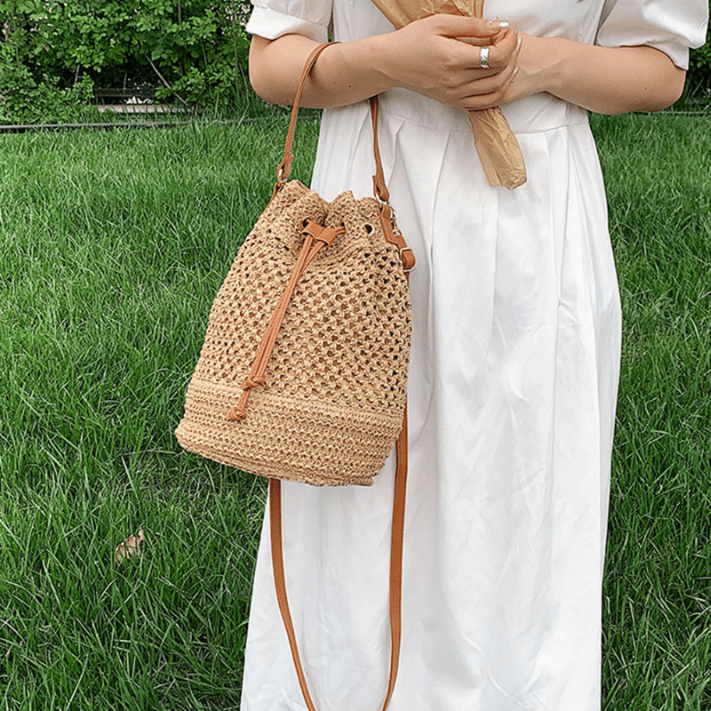 Drawstring Straw Woven Handheld Crossbody Bag, Exquisite Decorative Shoulder Bag, Fashion Summer Beach Bag