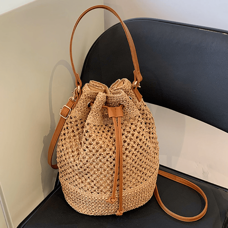 Drawstring Straw Woven Handheld Crossbody Bag, Exquisite Decorative Shoulder Bag, Fashion Summer Beach Bag