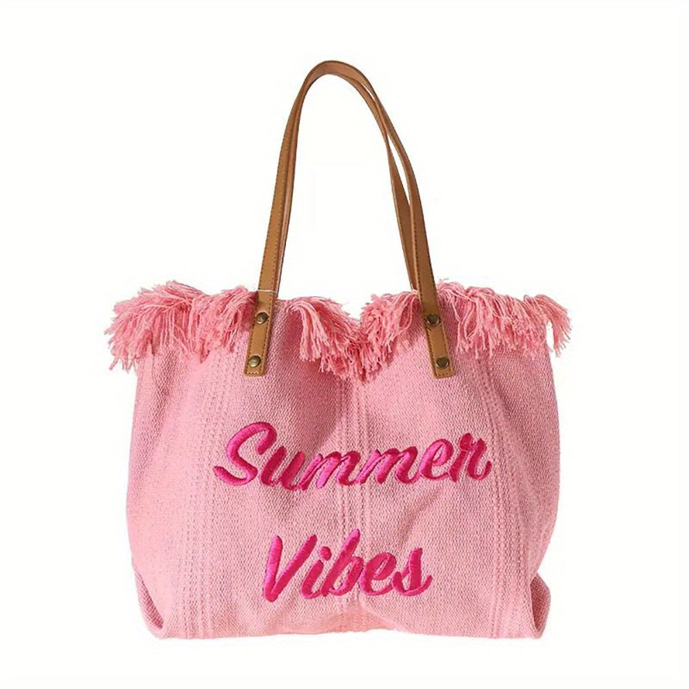 Letter Embroidery Tote Bag, Tassel Trim Canvas Handbag, Women's Beach Shoulder Bag