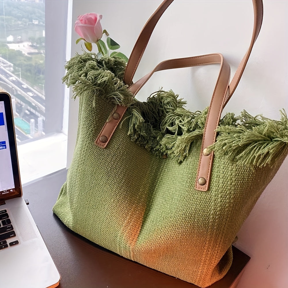 Letter Embroidery Tote Bag, Tassel Trim Canvas Handbag, Women's Beach Shoulder Bag