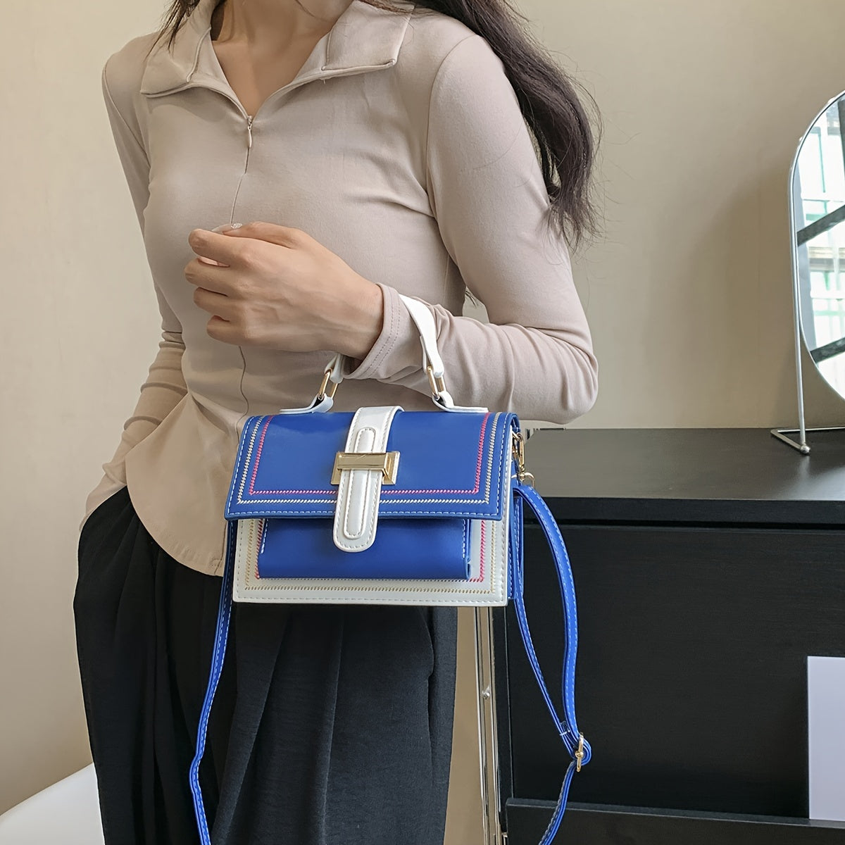 Trendy Color Blocking Crossbody Bag, Multi-layer Square Flap Handbag, Perfect Shoulder Bag For Daily Use