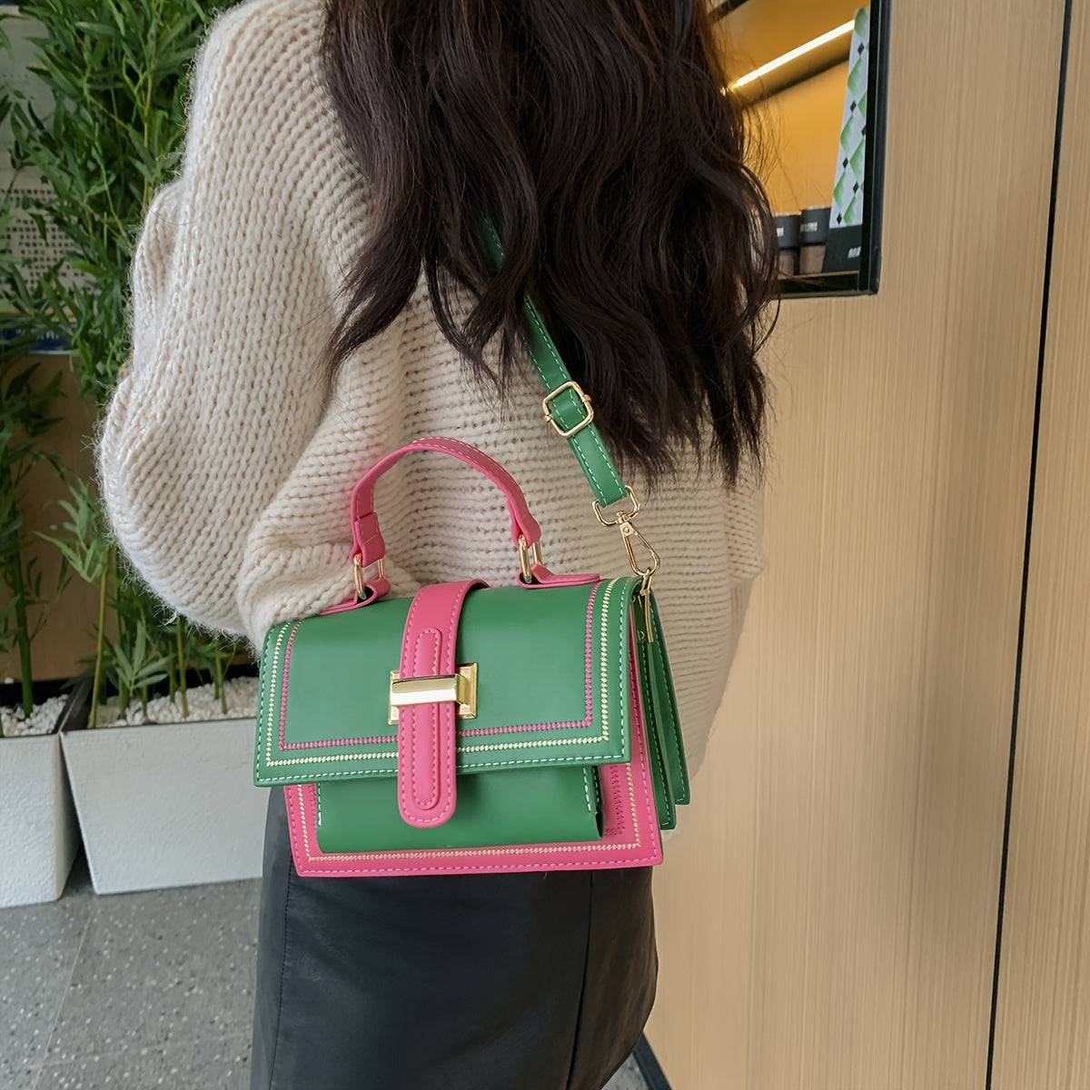 Trendy Color Blocking Crossbody Bag, Multi-layer Square Flap Handbag, Perfect Shoulder Bag For Daily Use