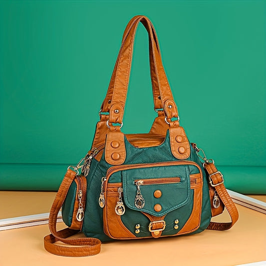 Vintage Studded Decor Shoulder Bag, Women's Multi Pocket Hobo Purse, Faux Leather Crossbody Bag