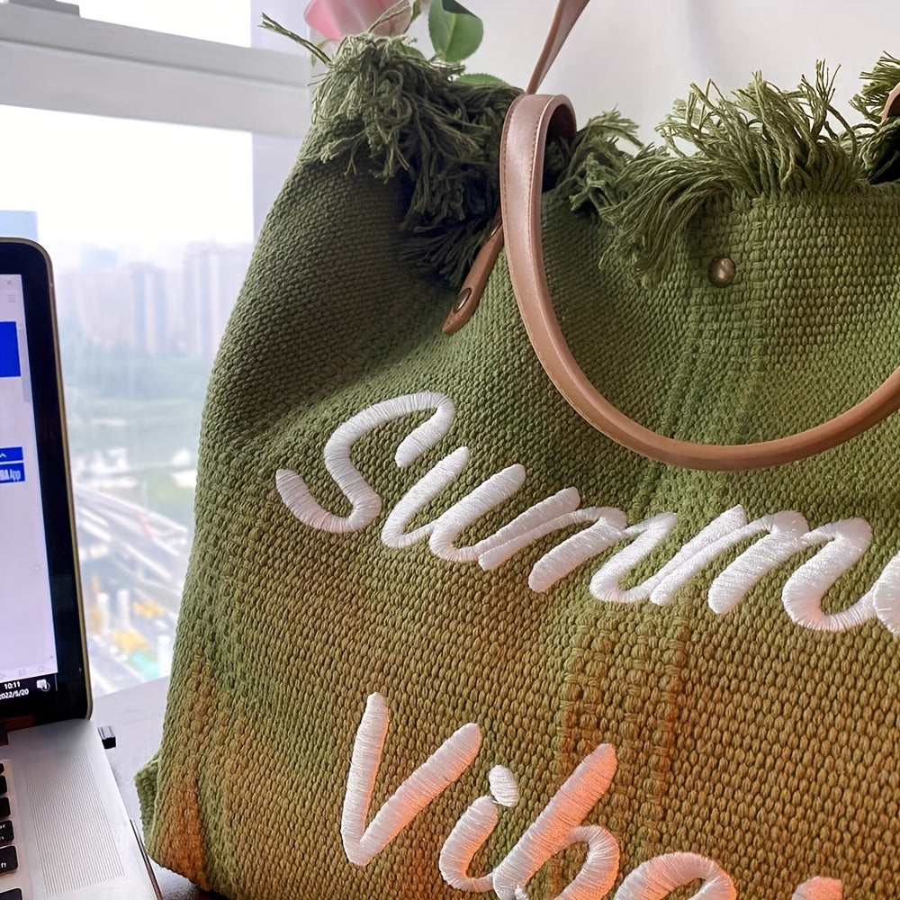 Letter Embroidery Tote Bag, Tassel Trim Canvas Handbag, Women's Beach Shoulder Bag