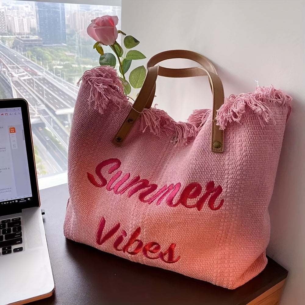 Letter Embroidery Tote Bag, Tassel Trim Canvas Handbag, Women's Beach Shoulder Bag