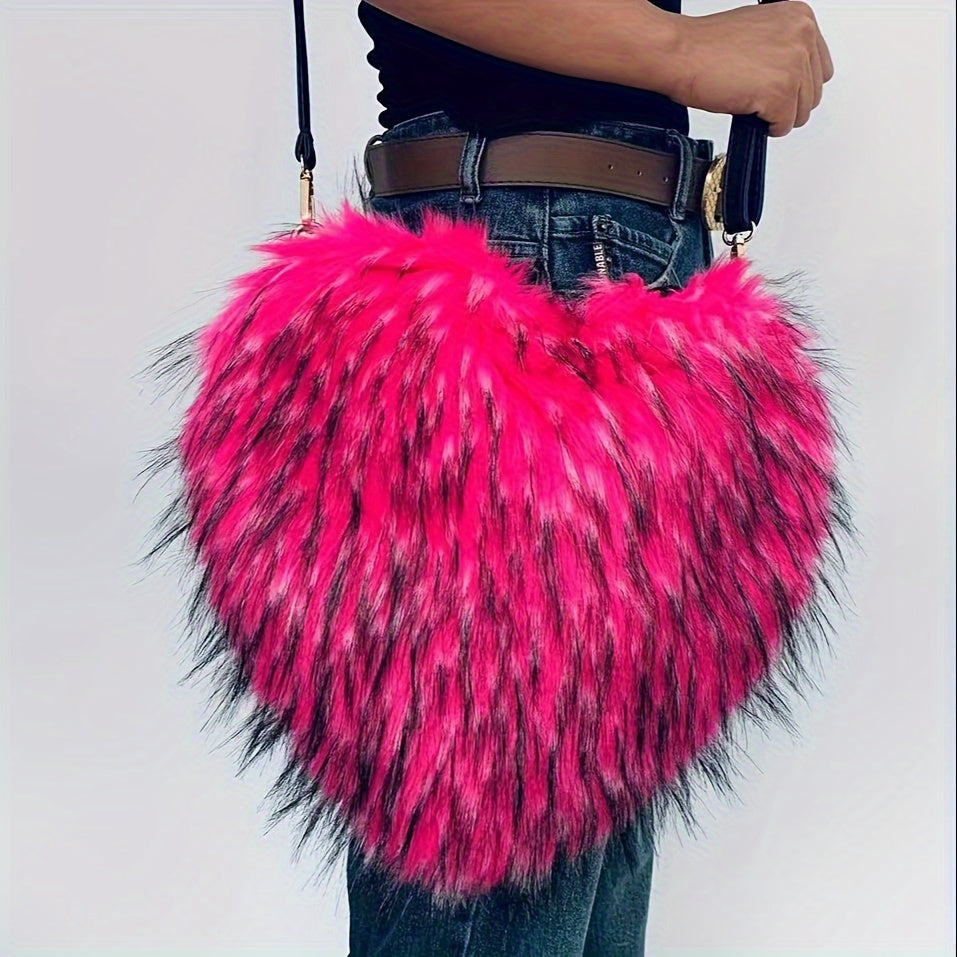 Y2K Fluffy Crossbody Bag, Heart Shaped Novelty Shoulder Bag, Women's Trendy Handbag & Purse