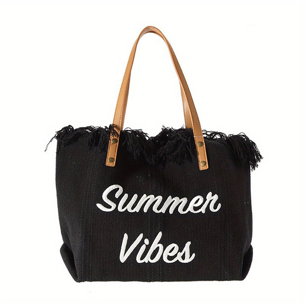 Letter Embroidery Tote Bag, Tassel Trim Canvas Handbag, Women's Beach Shoulder Bag