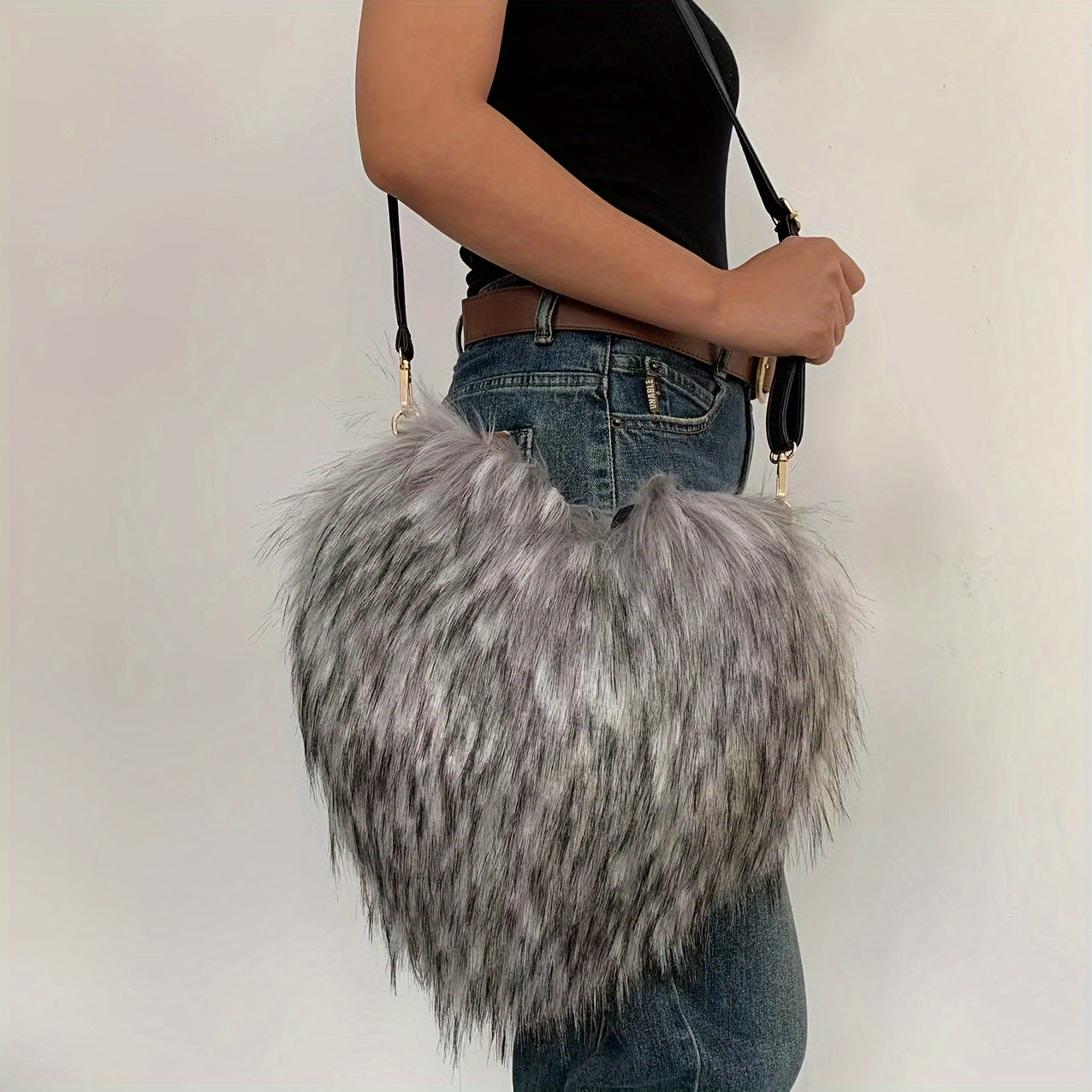 Y2K Fluffy Crossbody Bag, Heart Shaped Novelty Shoulder Bag, Women's Trendy Handbag & Purse