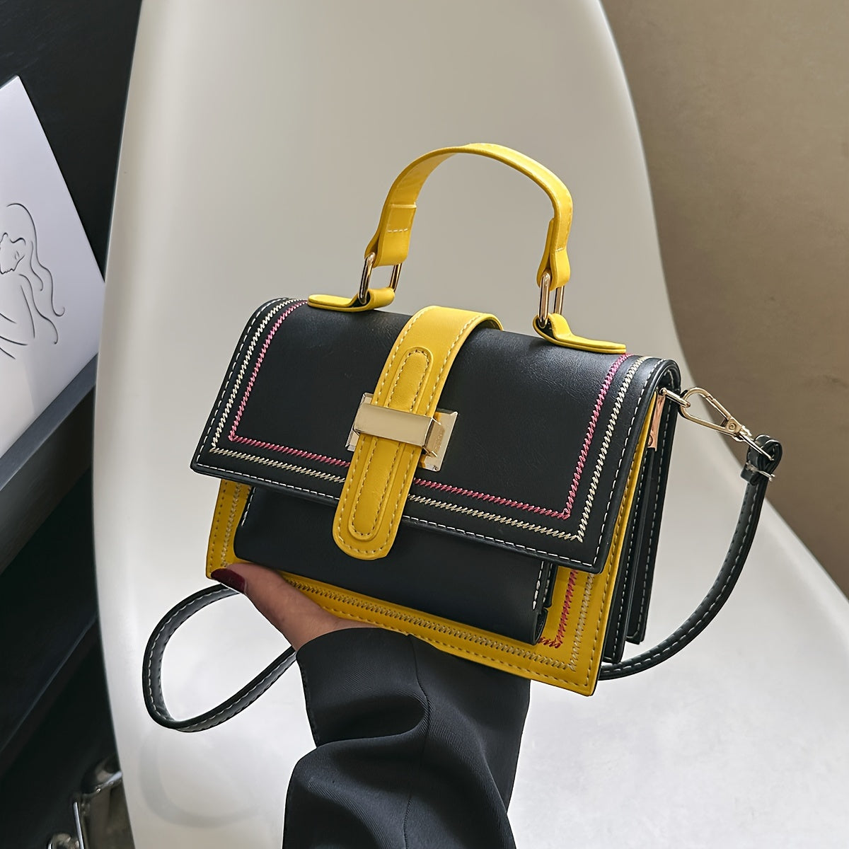 Trendy Color Blocking Crossbody Bag, Multi-layer Square Flap Handbag, Perfect Shoulder Bag For Daily Use