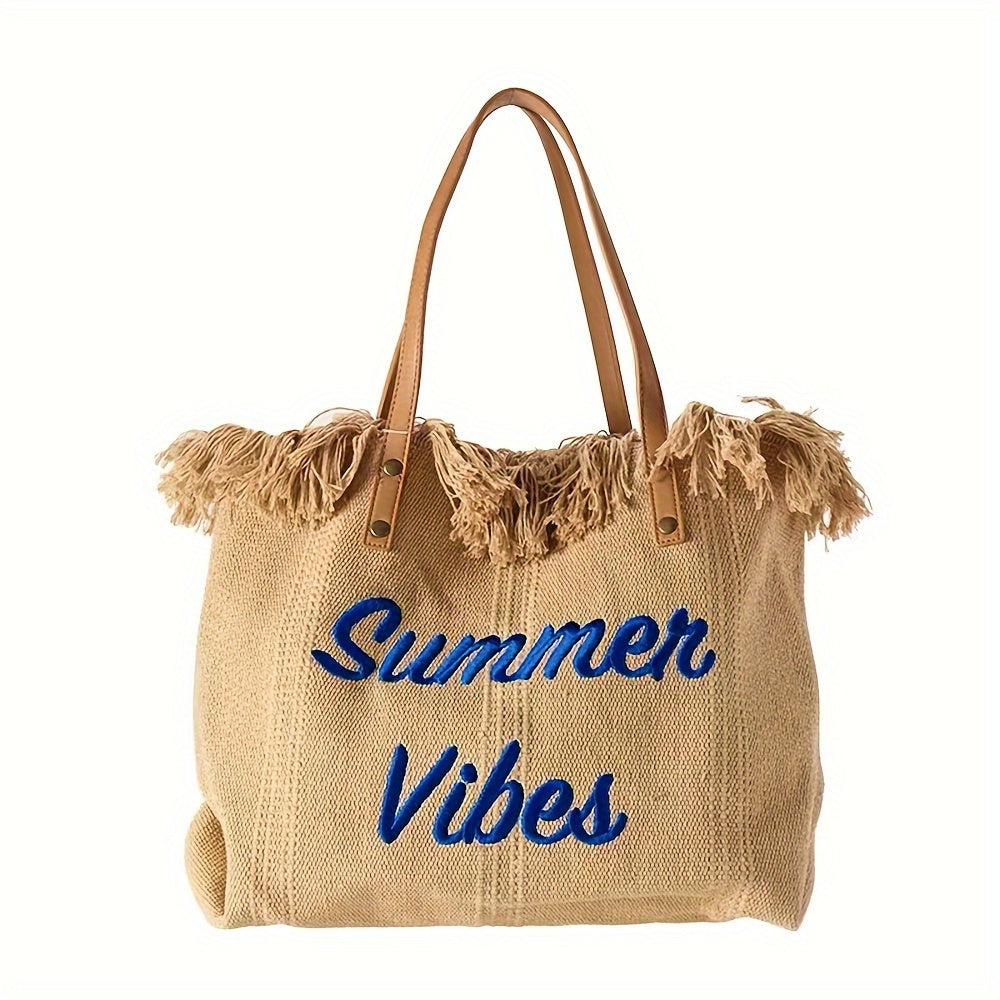 Letter Embroidery Tote Bag, Tassel Trim Canvas Handbag, Women's Beach Shoulder Bag