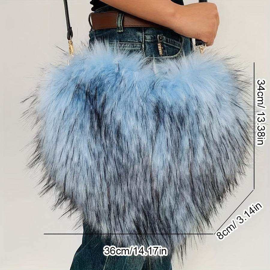 Y2K Fluffy Crossbody Bag, Heart Shaped Novelty Shoulder Bag, Women's Trendy Handbag & Purse