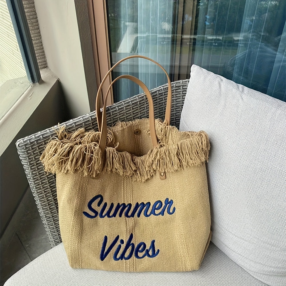 Letter Embroidery Tote Bag, Tassel Trim Canvas Handbag, Women's Beach Shoulder Bag