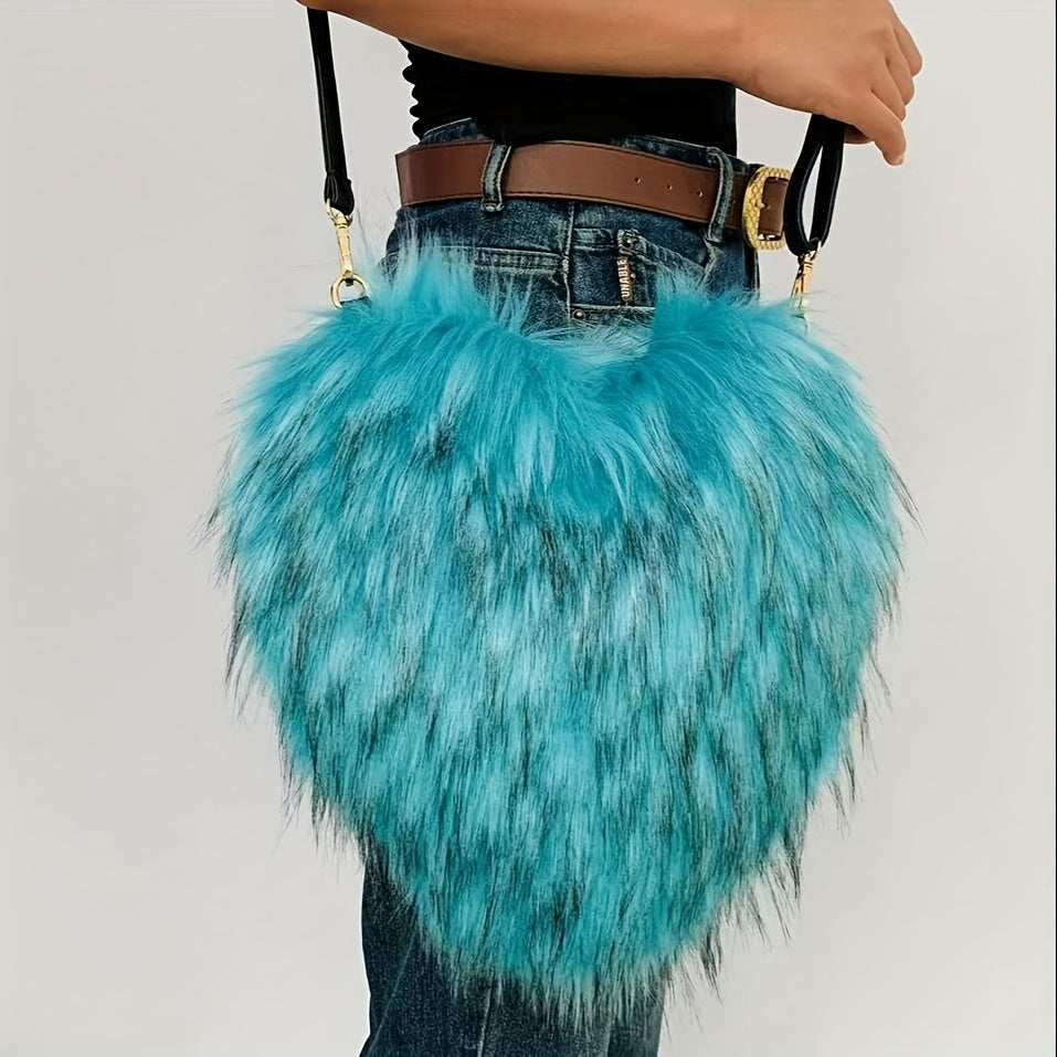 Y2K Fluffy Crossbody Bag, Heart Shaped Novelty Shoulder Bag, Women's Trendy Handbag & Purse
