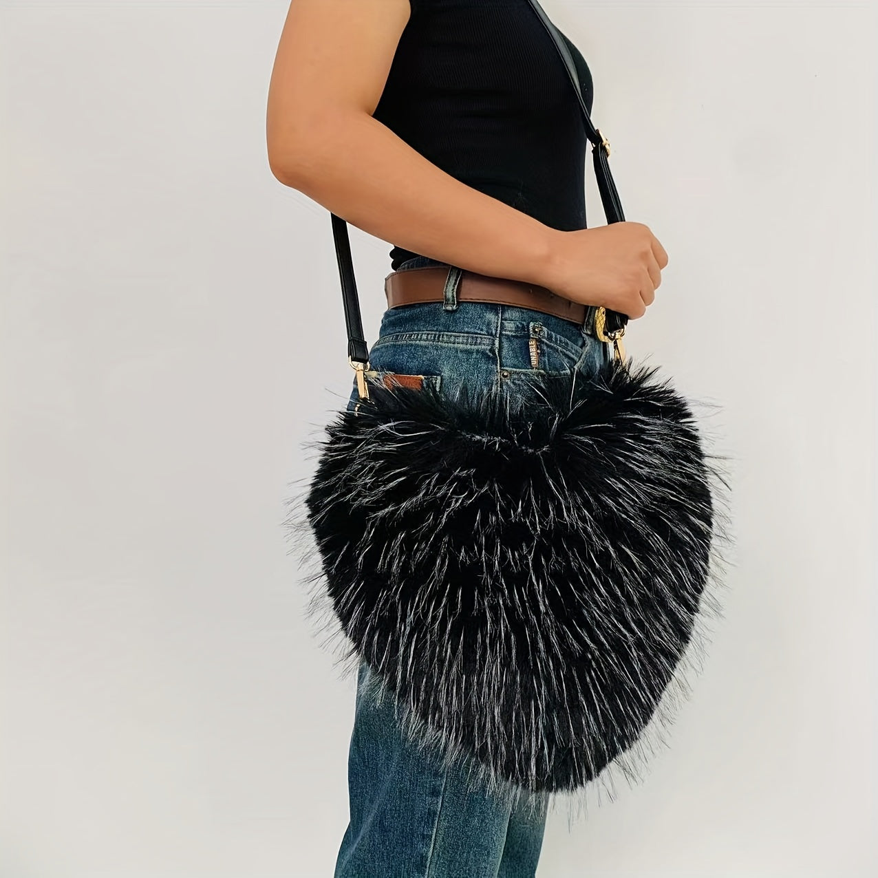 Y2K Fluffy Crossbody Bag, Heart Shaped Novelty Shoulder Bag, Women's Trendy Handbag & Purse