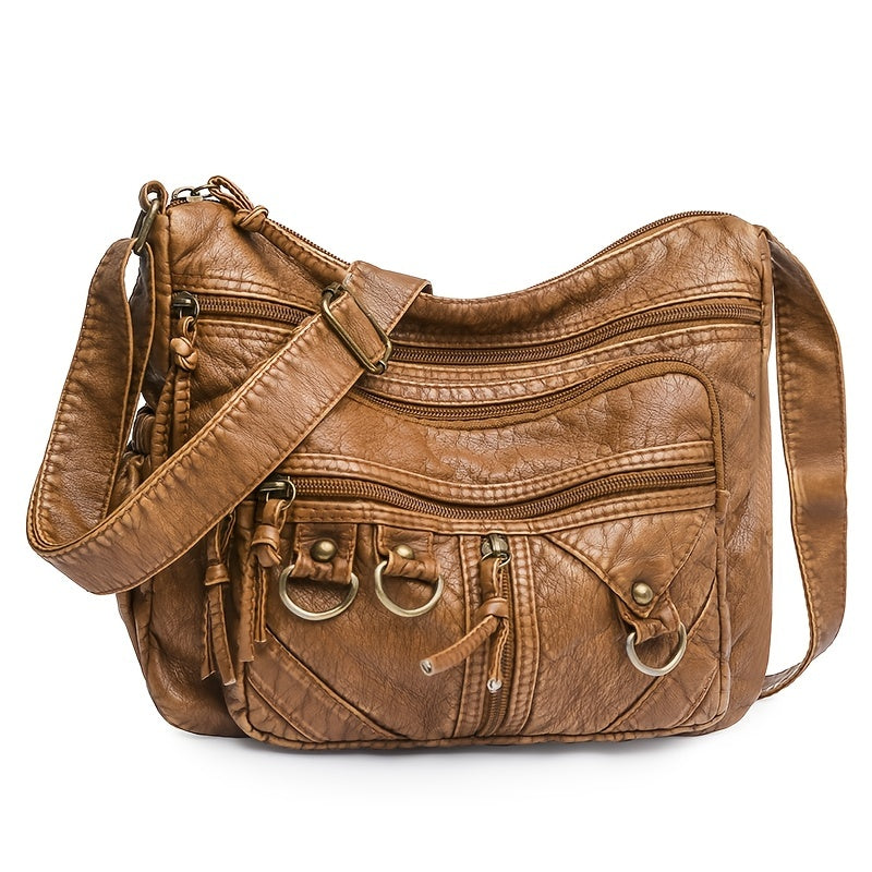 Vintage Crossbody Bag, Studded Decor Shoulder Bag, Women's Multi Pocket Zipper Purse