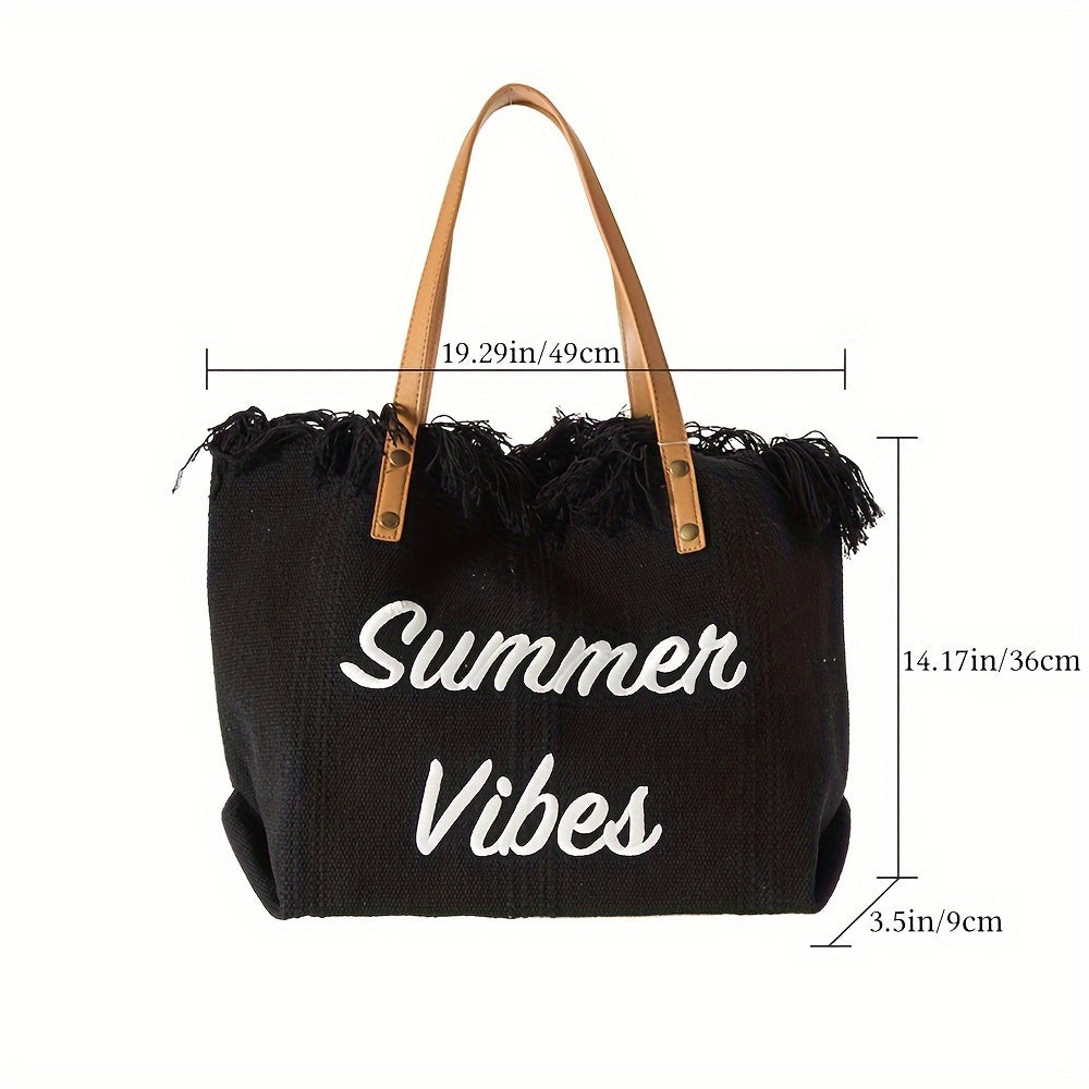 Letter Embroidery Tote Bag, Tassel Trim Canvas Handbag, Women's Beach Shoulder Bag