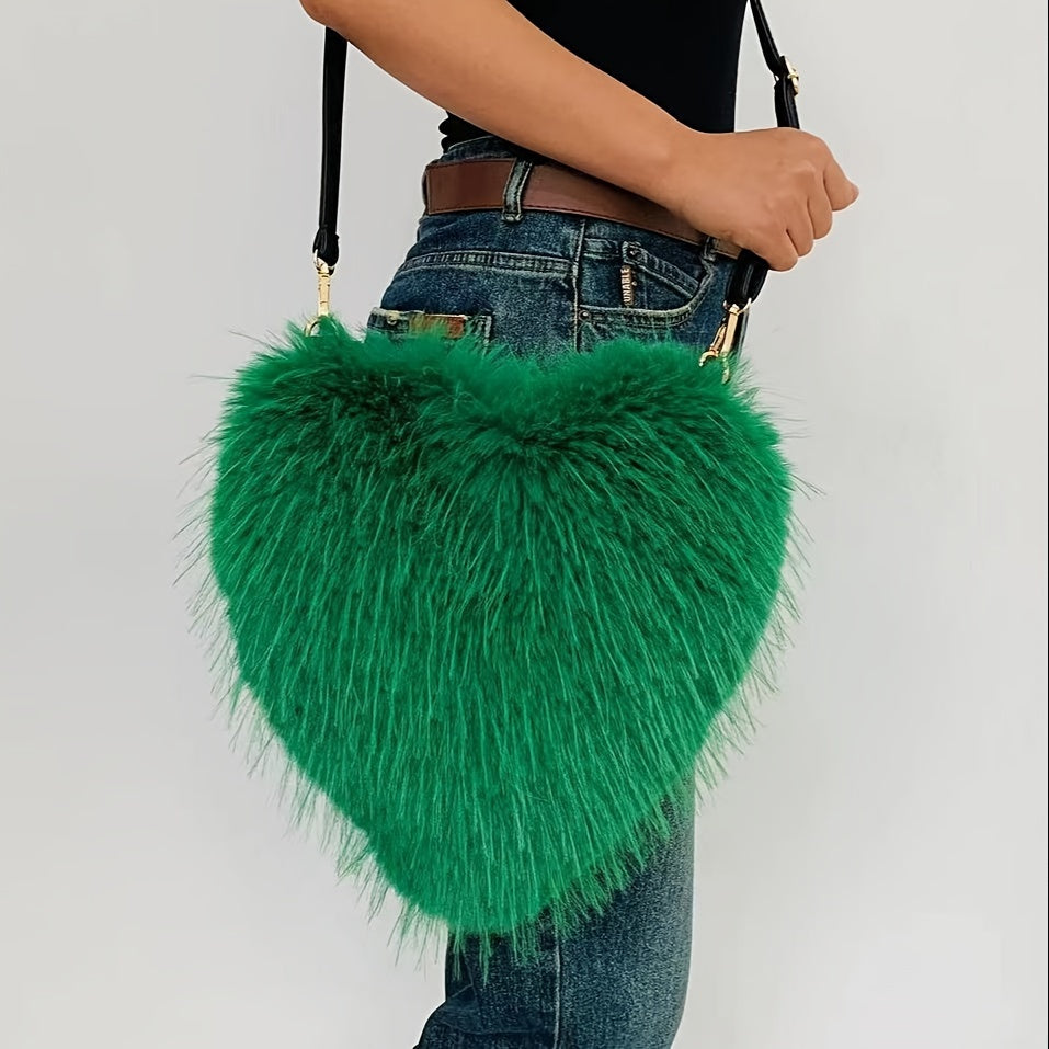 Y2K Fluffy Crossbody Bag, Heart Shaped Novelty Shoulder Bag, Women's Trendy Handbag & Purse
