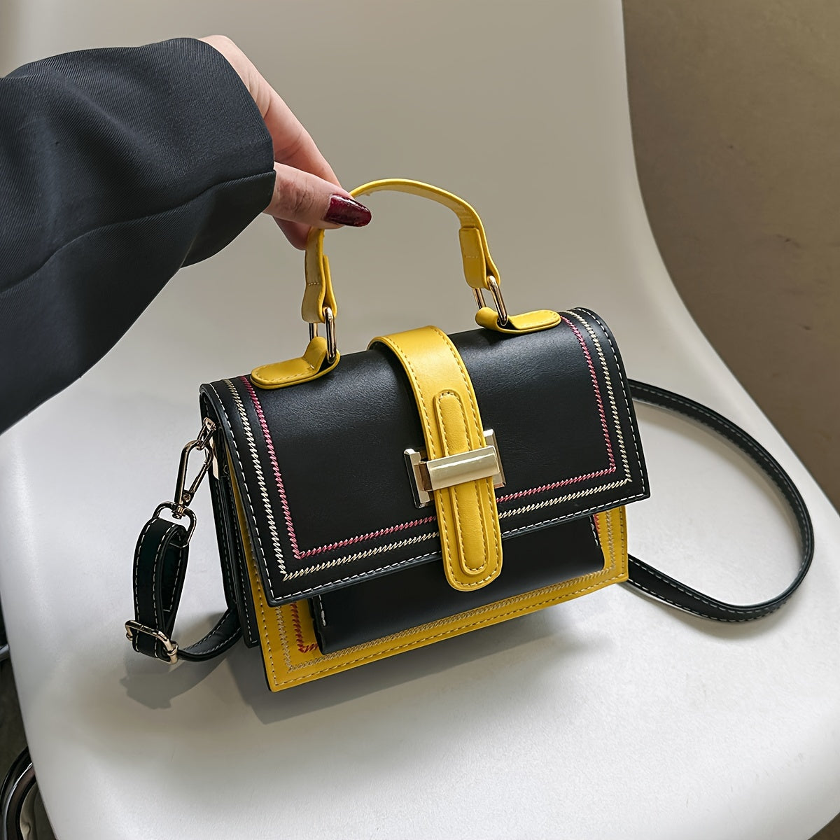 Trendy Color Blocking Crossbody Bag, Multi-layer Square Flap Handbag, Perfect Shoulder Bag For Daily Use