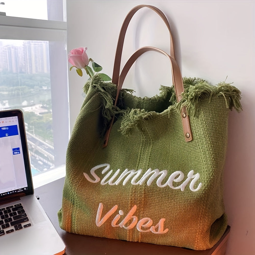 Letter Embroidery Tote Bag, Tassel Trim Canvas Handbag, Women's Beach Shoulder Bag