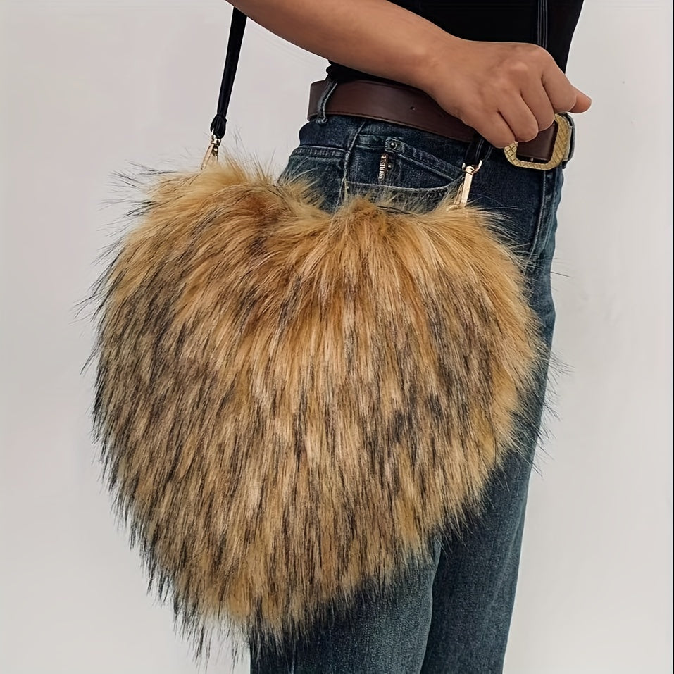 Y2K Fluffy Crossbody Bag, Heart Shaped Novelty Shoulder Bag, Women's Trendy Handbag & Purse