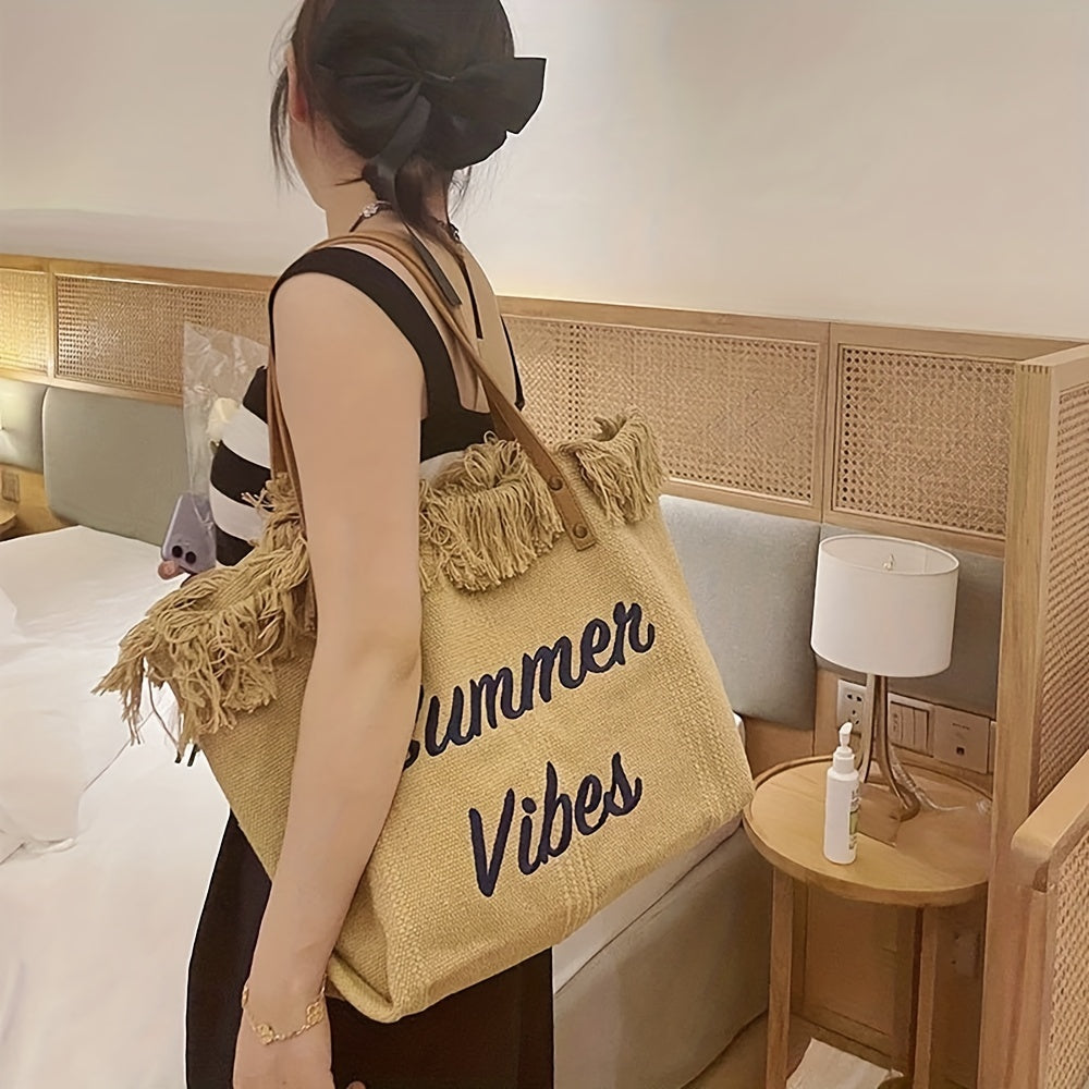 Letter Embroidery Tote Bag, Tassel Trim Canvas Handbag, Women's Beach Shoulder Bag