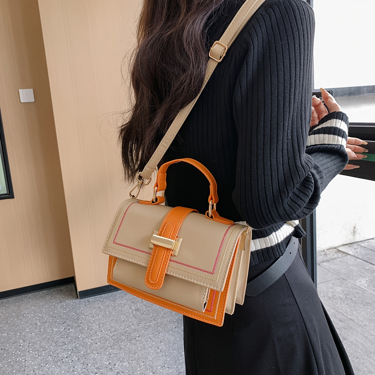 Trendy Color Blocking Crossbody Bag, Multi-layer Square Flap Handbag, Perfect Shoulder Bag For Daily Use