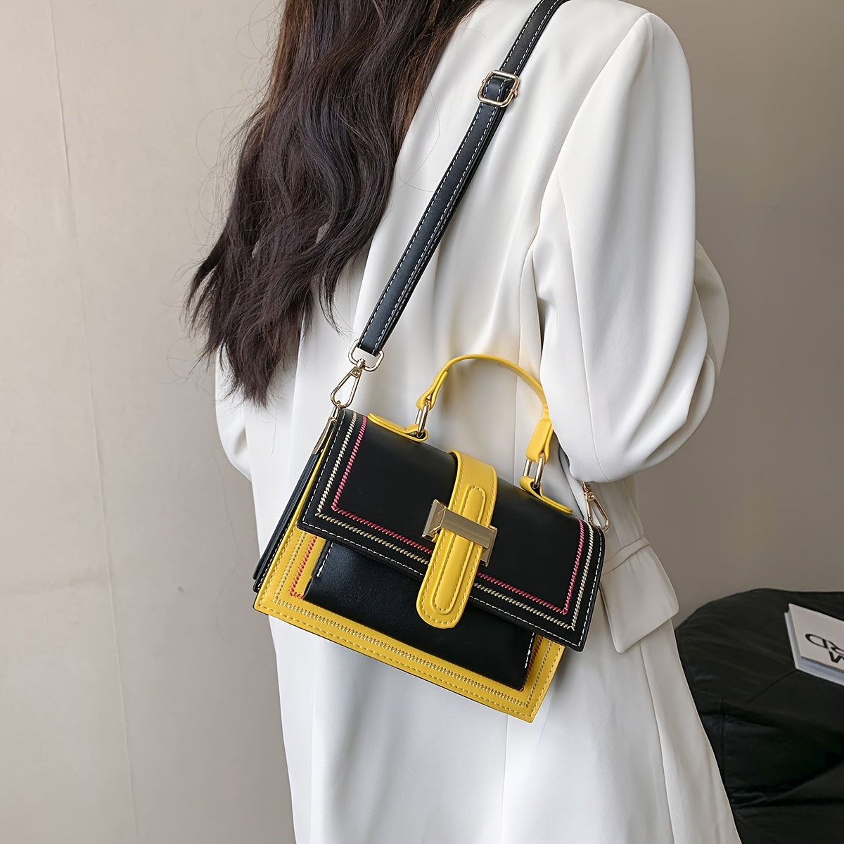 Trendy Color Blocking Crossbody Bag, Multi-layer Square Flap Handbag, Perfect Shoulder Bag For Daily Use