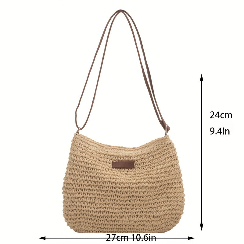 Straw Woven Zipper Hobo Crossbody Bag, Exquisite Decorative Shoulder Bag, Fashion Summer Beach Bag