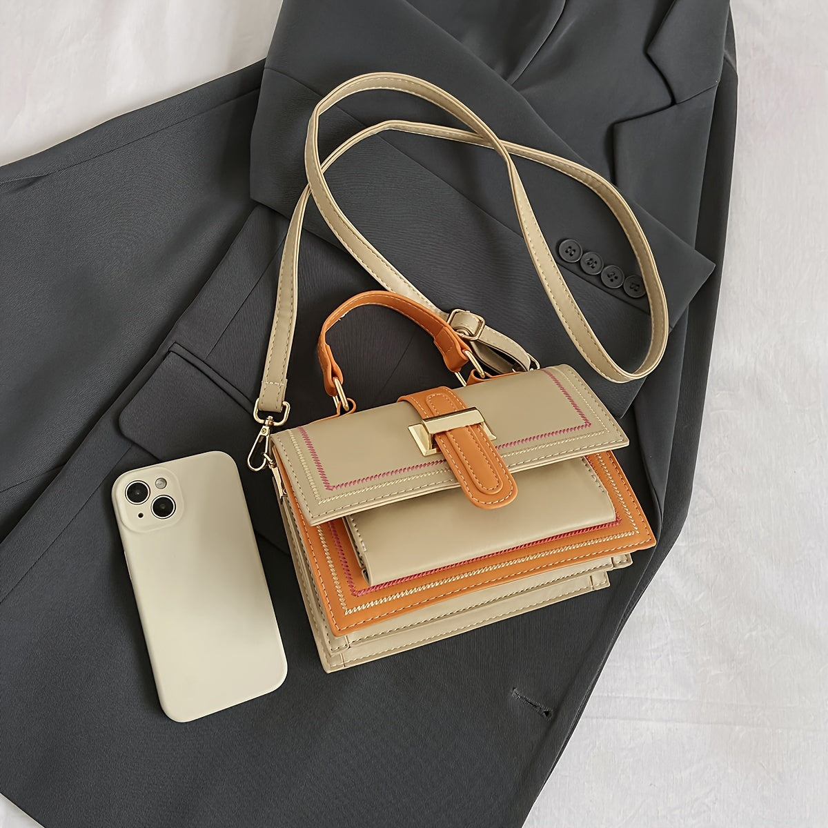 Trendy Color Blocking Crossbody Bag, Multi-layer Square Flap Handbag, Perfect Shoulder Bag For Daily Use