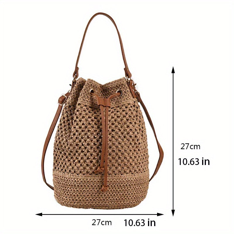 Drawstring Straw Woven Handheld Crossbody Bag, Exquisite Decorative Shoulder Bag, Fashion Summer Beach Bag